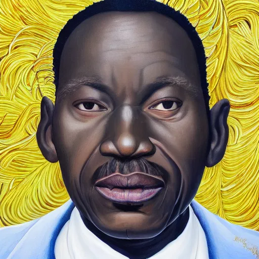 Image similar to a painting of a wide forehead, round face, XXL , smirky, fatherly, loving, caring, generous, ever-present, humble, wise elder from Kenya in a suit by Kehinde Wiley . Fatherly/daddy, focused, loving, leader, relaxed,. ethereal lights, details, smooth, sharp focus, illustration, realistic, cinematic, artstation, award winning, rgb , unreal engine, octane render, cinematic light, macro, depth of field, blur, red light and clouds from the back, highly detailed epic cinematic concept art CG render made in Maya, Blender and Photoshop, octane render, excellent composition, dynamic dramatic cinematic lighting, aesthetic, very inspirational, arthouse.