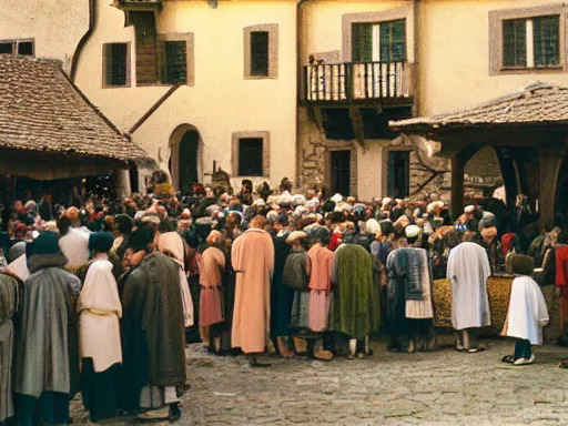 Image similar to a color 3 5 mm photograph of a crowd of villagers milling around in a medieval town square