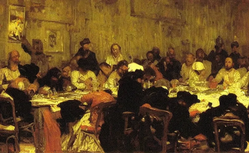 Image similar to high quality high detail painting by ilya repin, gangasters meeting in a dark room, hd