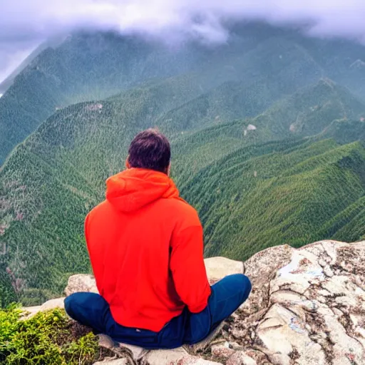 Image similar to man sitting on top peak mountain cliff looking at tsunami