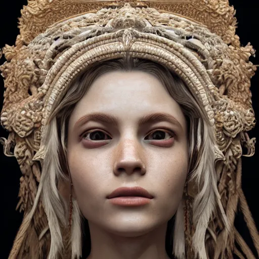 Image similar to a portrait of beautiful goddess, ornated, haunting, headpiece, highly detailed, intricate deaign, organic, hyperrealism, photorealistic, render in octane, unreal engine, 4 k