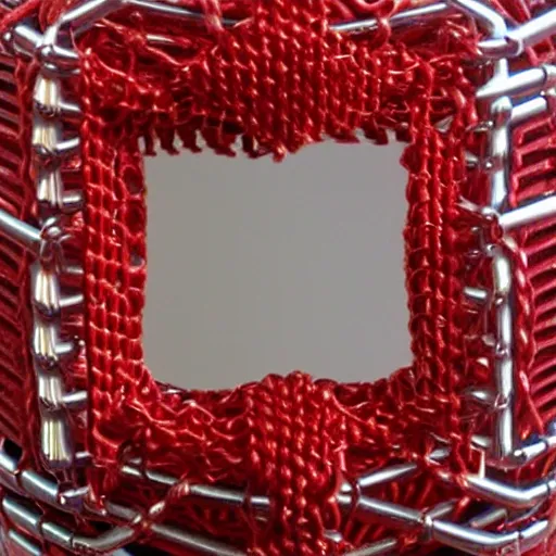 Prompt: chrome spheres on a red cube, macrame