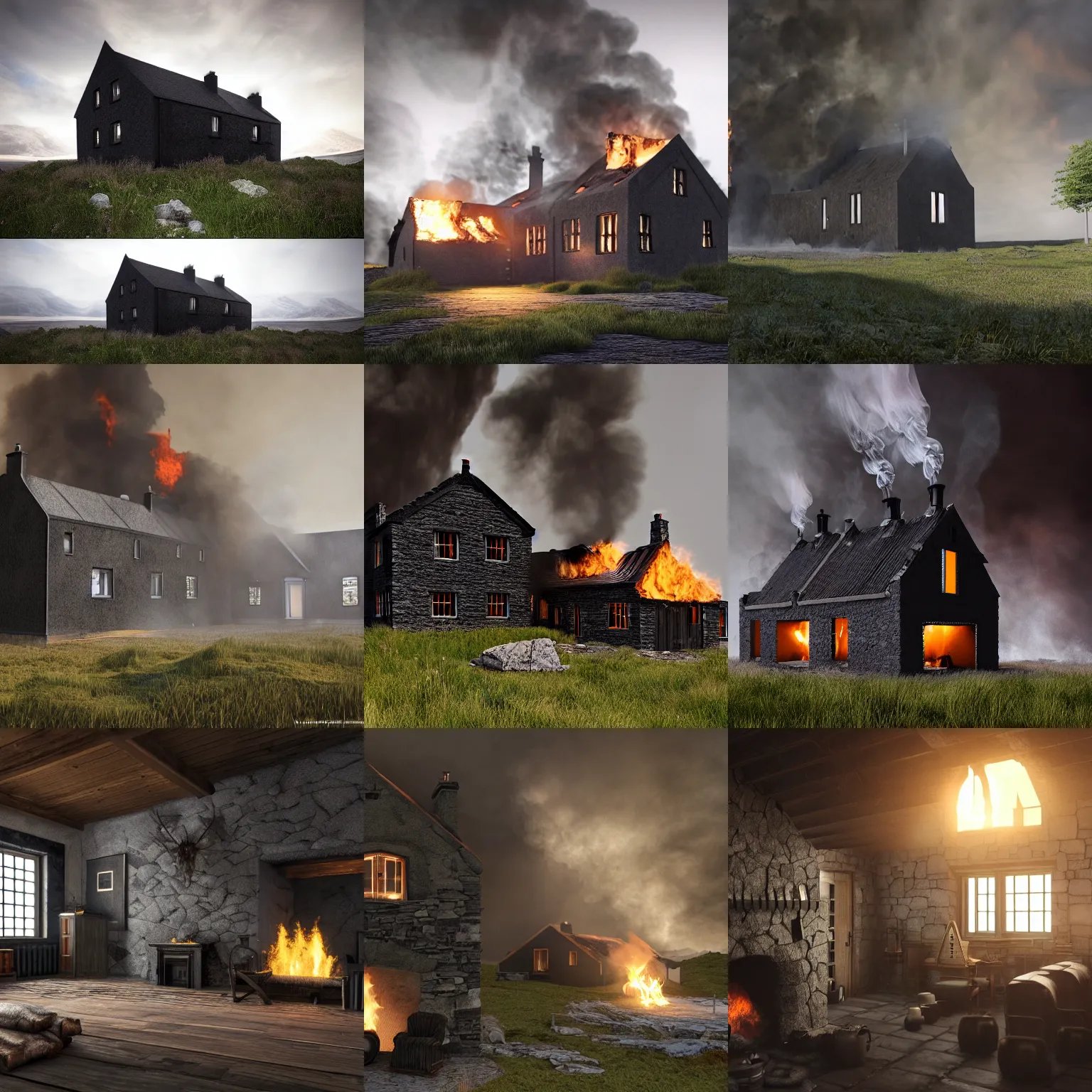 Prompt: photorealistic interior rendering of a hebridean arnol crofter's black house, scotland, fire in center, smoke, old ancient architecture, traditional, volumetric lighting, unreal engine render