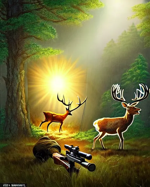 Prompt: a large potato shooting a deer with a rifle in the woods with sun high above and cloudy, ultra realistic, concept art, intricate details, highly detailed