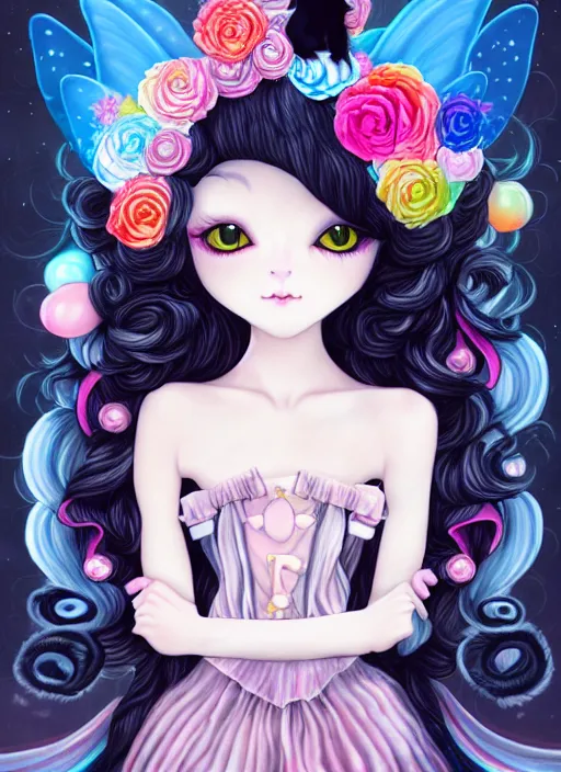 Prompt: dark fantastic illustration of beautiful cat girl witch with a robot, curls hair, rococo ruffles dress, rosette, symmetrical face, pastel rainbow, pearlescent, cute, fairy, rim light, by mai yoneyama, rolua, detailed background,, artstation, concept art, highly detailed, colorful, maximalist