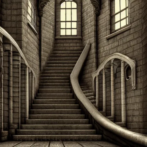 Prompt: mc escher hogwarts stairs, highly detailed, 4 k, hdr, award - winning, octane render, artstation