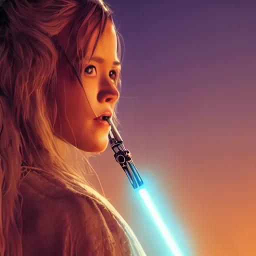 Image similar to Cheyenne the singer as a jedi in star wars, holding a lightsabre. splash art, cinematic lighting, dramatic, octane render, long lens, shallow depth of field, bokeh, anamorphic lens flare, 8k, hyper detailed, 35mm film grain