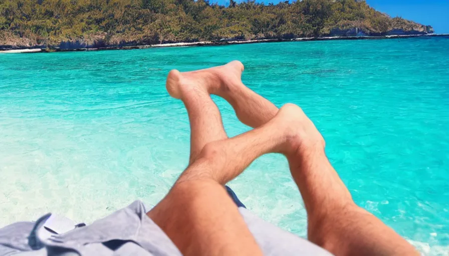 Image similar to first person view from a man lounging on a beautiful tropical beach with a stunning turquoise ocean in the background. his legs stretch out in front of the camera, photorealistic