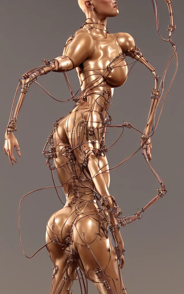 Image similar to beauty woman made of wires and tubes, very detailed, dramatic lighting, mechanical details, back facing, electrical details, high details, 4k, 8k, trending on artstation, by Hajime Sorayama and Boris Vallejo