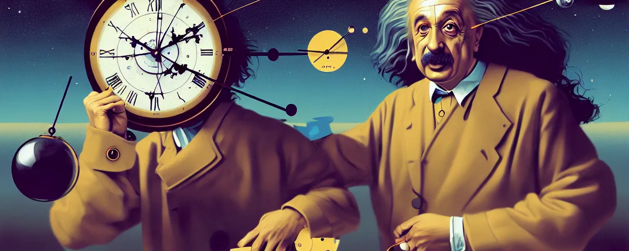 Image similar to duotone surreal illustration 3 / 4 portrait of albert einstein measuring time on salvadore dali clock in outer space. golden ratio accidental renaissance. by sachin teng and sergey kolesov and ruan jia and heng z. graffiti art, scifi, fantasy, hyper detailed. octane render. concept art. trending on artstation