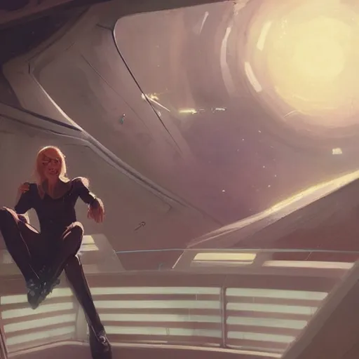 Image similar to scifi art by greg rutkowski, a very tall and slender woman with blond hair, sitting with the crew on the spaceship's bridge, dark lighting atmosphere, detailed portraits, nostalgic atmosphere, scifi, digital painting, artstation, concept art, smooth, sharp foccus ilustration, artstation hq