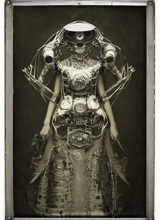 Image similar to old wetplate daguerreotype frame portrait of a futuristic silver armored geisha district 9 cyborg, parallax, fractal, intricate, elegant, highly detailed, subsurface scattering, by jheronimus bosch and greg rutkowski and louis jacques mande daguerre