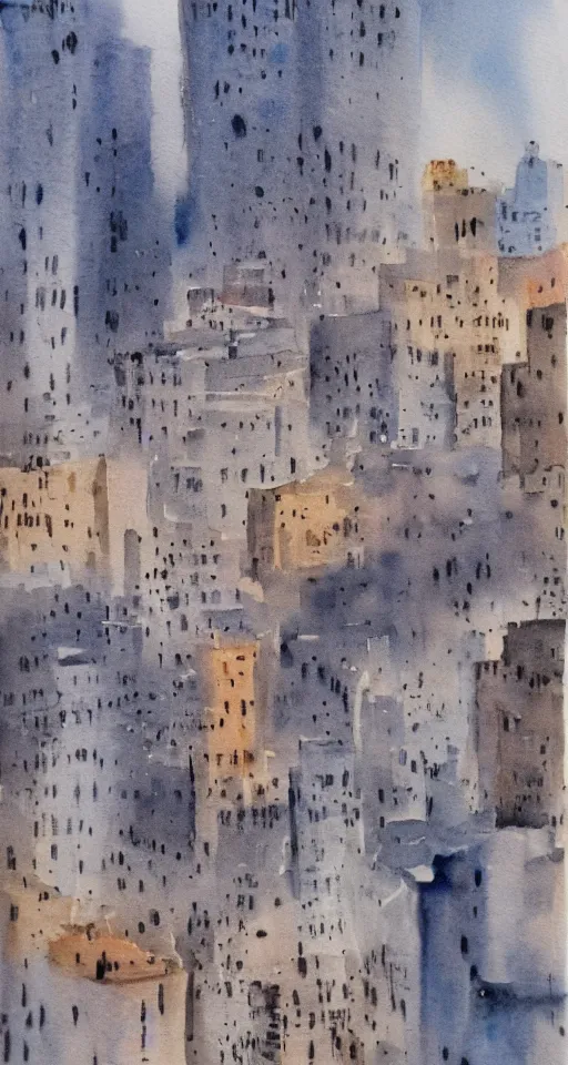 Image similar to looking upon a dying city, watercolor,