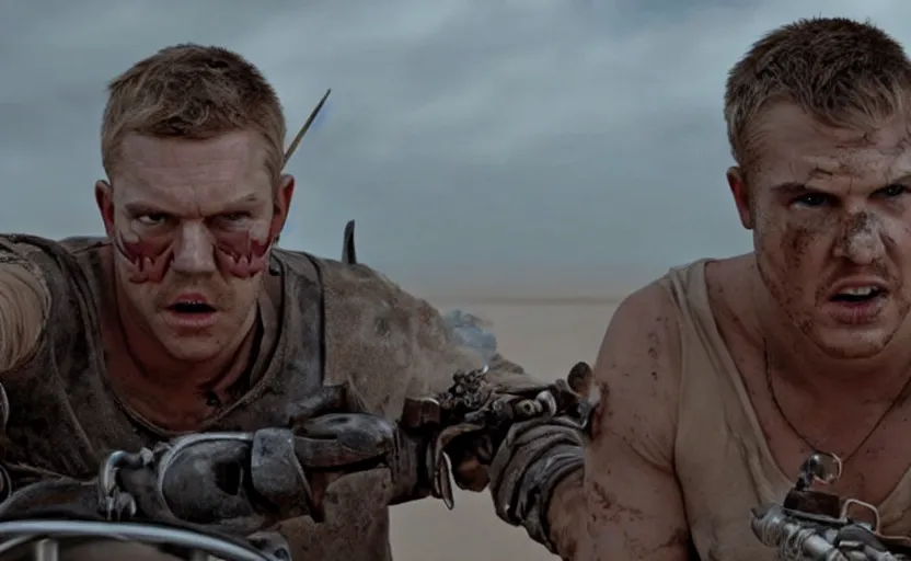 Image similar to flash mcqueen in mad max fury road, realistic, still from a movie