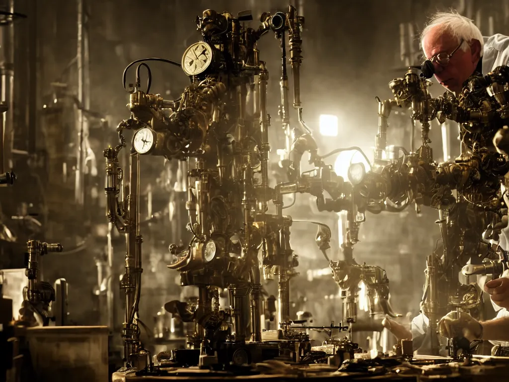 Image similar to bernie sanders building a steampunk clockwork doomsday robot, cinematic moody lighting, sharp focus, dirty laboratory, imax