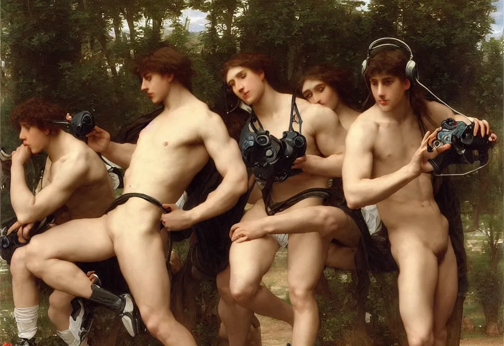 Image similar to pre-Raphaelite male muscular athletic gamers wearing headsets and playing video-games on laptops playstation5 x-box and PC by Bouguereau