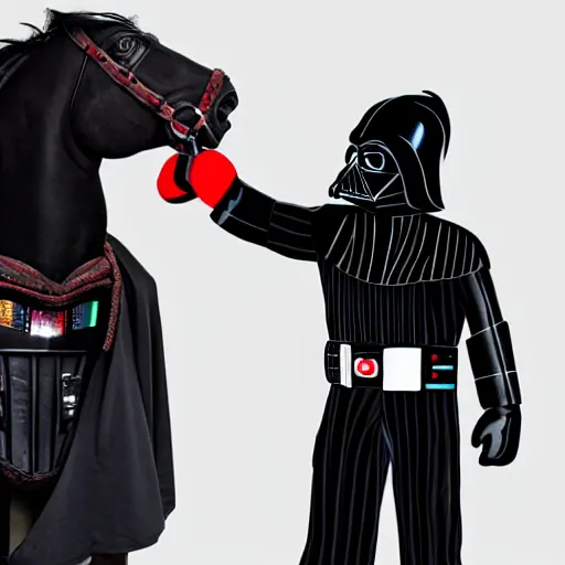 Prompt: a horse boxing darth vader, hyperrealistic, 8 k