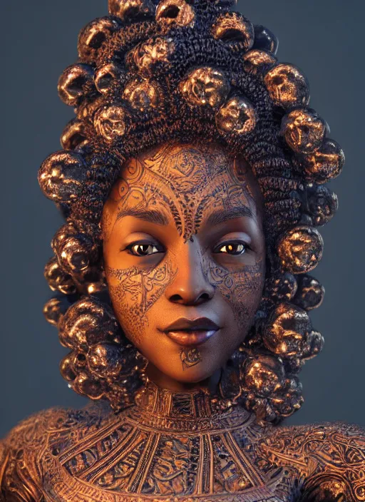 Image similar to a photo - real delicate sculpture of an ornate detailed black woman in front of a intricate background by aj fosik, curly hair, micro detail, backlit lighting, octane renderer, colorful, physically based rendering, tribal art, trending on cgsociety