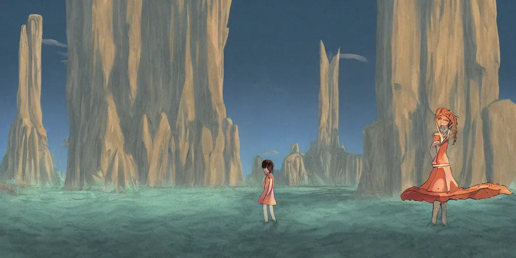 Image similar to a realistic cell - shaded studio ghibli concept art from paprika ( 2 0 0 6 ) of a tan human with fins and gills from close encounters of the third kind ( 1 9 7 7 ) in a flooded monument valley stonehenge. very dull colors, wide shot, hd, 4 k, hq