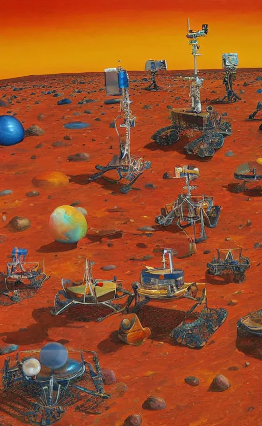 Image similar to a surreal painting of a flamboyant party on the surface of mars
