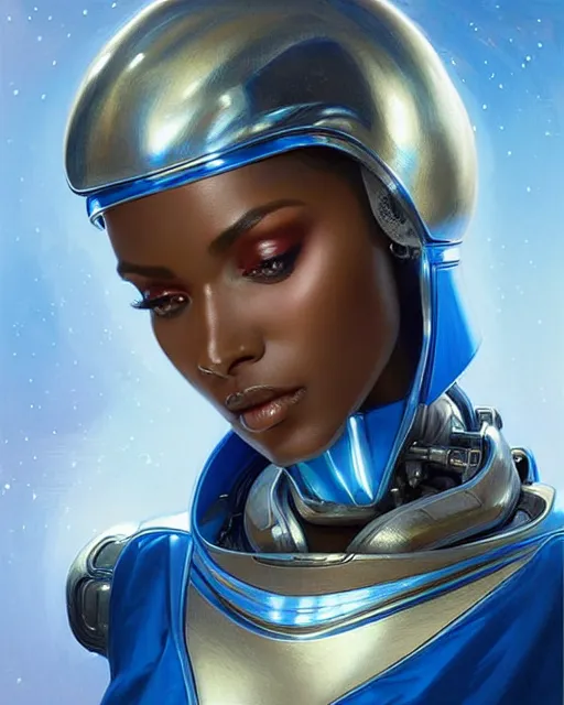 Image similar to Portrait of very very very very very very beautiful african woman, spacesuit, futuristic cybernetic helmet, blue eyes, real life skin, intricate, elegant, highly detailed, artstation, concept art, smooth, sharp focus, art by artgerm and greg rutkowski and alphonse mucha