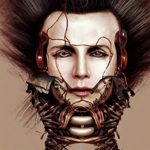 Prompt: portrait of a Shibari cable wrapped face and neck, headshot, insanely nice professional hair style, dramatic hair color, digital painting, of a old 17th century, old cyborg merchant, amber jewels, baroque, ornate clothing, scifi, realistic, hyperdetailed, chiaroscuro, concept art, art by Franz Hals and Jon Foster and Ayami Kojima and Amano and Karol Bak,