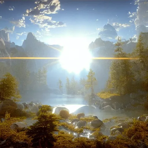 Image similar to The Holy Spirit, love, purity, gold, gold and white light, volume rays, photo realistic, cinematic_cinematography_ultra_detail by Albert Bierstadt in Unreal Engine, 8k resolution