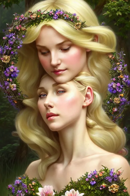 Prompt: beautiful blonde woman in the image of a fairy - tale princess in the garden with a wreath in her hands, deep focus, d & d, fantasy, complex, elegant, highly detailed, digital painting, artstation, concept art, matte, clear focus, illustration, hearthstone, works by artgerm and greg rutkowski and alphonse mucha