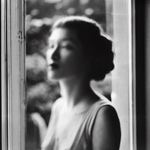 Image similar to beautiful 3 5 mm black and white photo of a woman standing by a window, by maya deren