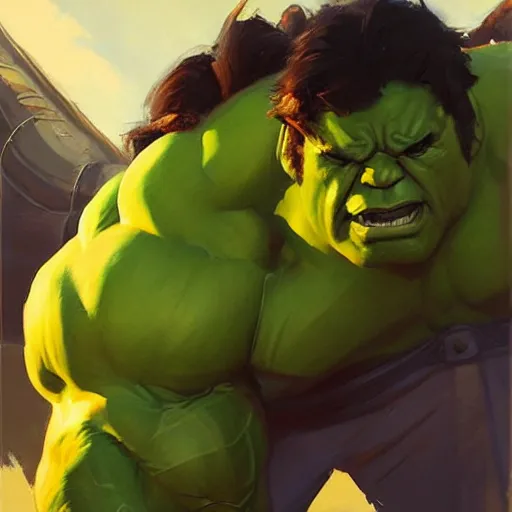 Prompt: Greg Manchess portrait painting of Hulk as Overwatch character, medium shot, asymmetrical, profile picture, Organic Painting, sunny day, Matte Painting, bold shapes, hard edges, street art, trending on artstation, by Huang Guangjian and Gil Elvgren and Sachin Teng