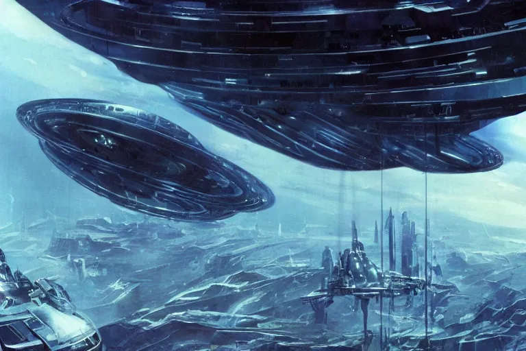 Image similar to a black alien spaceship descending on earth, weird angles, cinematic, shadows, 4 k, detailed, by john berkey!!!!!! and peter jackson and ridley scott and beeple!!! and greg rutowski