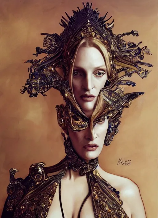 Image similar to Uma Thurman wearing epic haute couture by Alexander McQueen, extremely beautiful and proportionate face, in the aesthetic of mert and marcus, masterpiece, intricate, elegant wardrobe, highly detailed, digital painting, artstation, concept art, smooth, sharp focus, illustration, art by artgerm and james jean and greg rutkowski and alphonse mucha