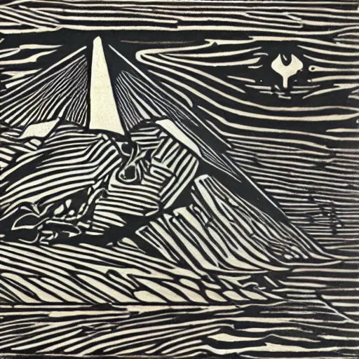 Image similar to martian chilled reflective lagoon pyramid albatross seasoning corolla woodcut, by jeff easley and robert henri and mark rothko, trending on cgsociety, chiaroscuro, charcoal drawing