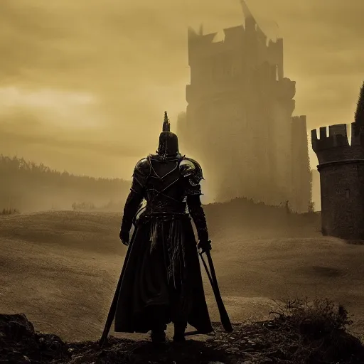 Prompt: A walking castle, Elden ring, Dark Souls, dark tone, golden light