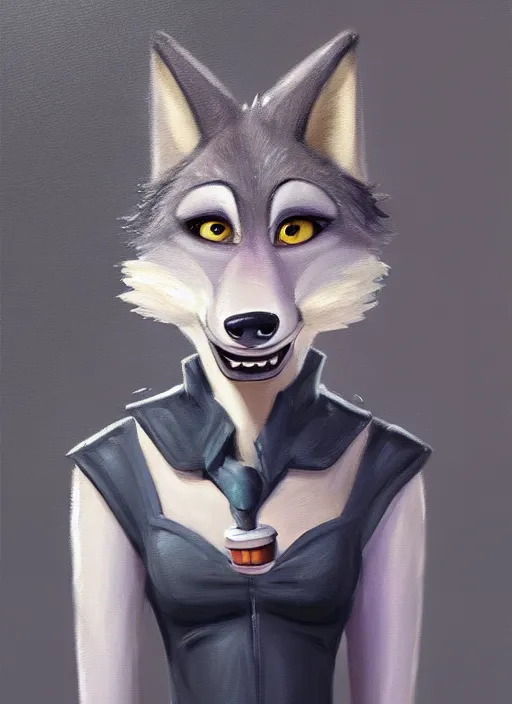 Image similar to oil painting of anthromorphic female wolf, in style of zootopia, female fursona, furry, furaffinity, 4 k, deviantart, furry art, fursona art, wearing black business suit, business suit, wolf fursona, female, very expressive detailed feminine face,