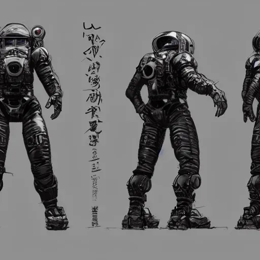 Prompt: Front, side and back character view of Astronaut from Kojima Productions by Yoji Shinkawa with Artgem and Donato Giancola, trending on Artstation concept arts