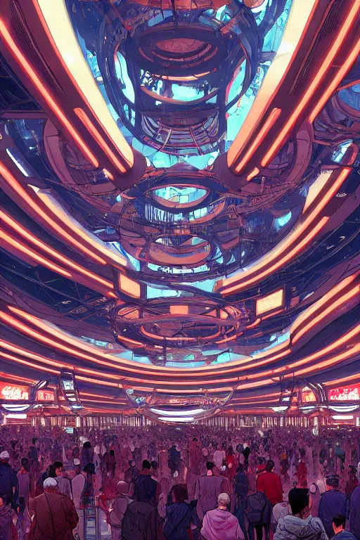 Prompt: the interior of a futuristic casino, large crowd of people, by kim jung gi and greg rutkowski, rule of thirds
