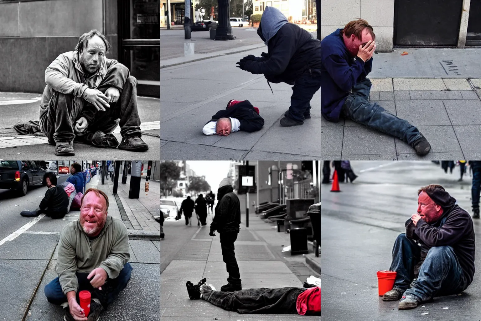 Prompt: award winning photo of a homeless Alex Jones begging on the streets