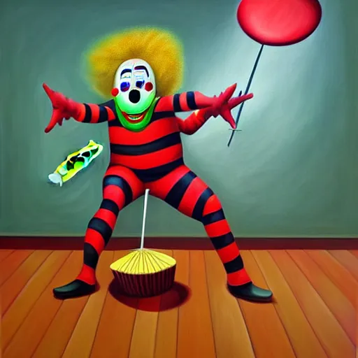 Image similar to hyperrealism painting from the housefly perspective getting swatted at from an angry and sick clown man with a fly swatter in the kitchen