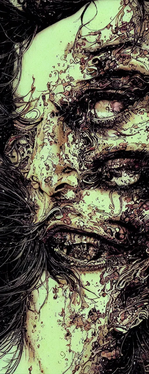 Prompt: closeup of face melting in agony, inside dark oil, frontal picture, by yoichi hatakenaka, masamune shirow, josan gonzales and dan mumford, ayami kojima, takato yamamoto