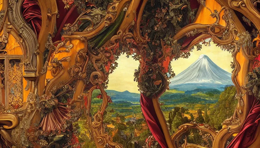 Prompt: a huge elaborate standalone hyperrealistic photorealistic hyperdetailed window, reflecting an erupting volcano, seen from the distance. art nouveau rococo in the style of caravaggio. unexpected elaborate maximalist fabric elements hd 8 x matte background in vibrant vivid pastel textures