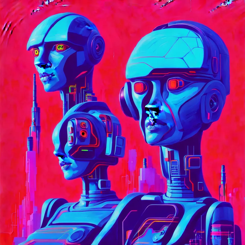 Image similar to a graph - style gouache impasto huge robot head in front of her, cyberpunk art by by james gilleard, cgsociety, retrofuturism, synthwave, retrowave, outrun