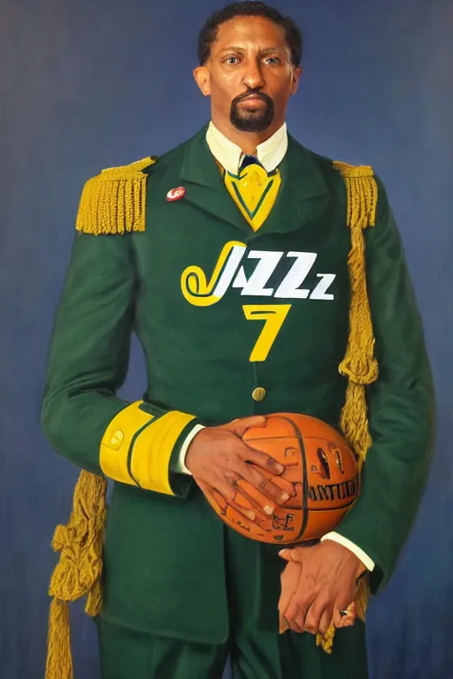 Image similar to full body portrait of the dictator of the nba utah jazz, 1 8 8 9, in full military garb, navy blue, green, yellow, oil on canvas by william sidney mount, trending on artstation