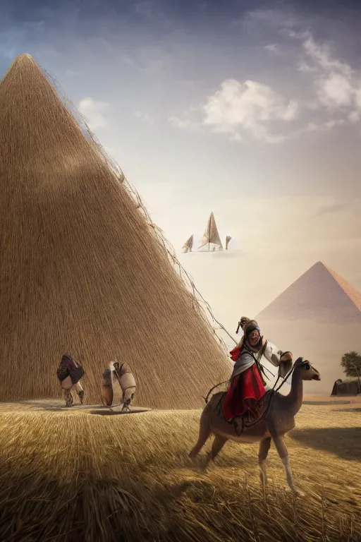 Prompt: ezio audotire falling on top of a cart filled with haystack, background has pyramids and dromedaries walking by, digital art, trending on artstation, 4 k