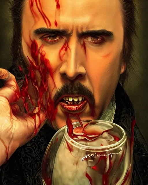 Image similar to nicolas cage as dracula, drink blood, highly detailed, centered, artstation, concept art, smooth, sharp focus, illustration, bokeh art by artgerm and donato giancola and joseph christian leyendecker