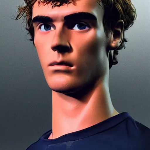 Image similar to “ a realistic detailed photo of a guy who is an attractive humanoid who is half robot and half humanoid, who is a male android, soccer player antoine griezmann, shiny skin, posing like a statue, blank stare, on the bed, on display ”