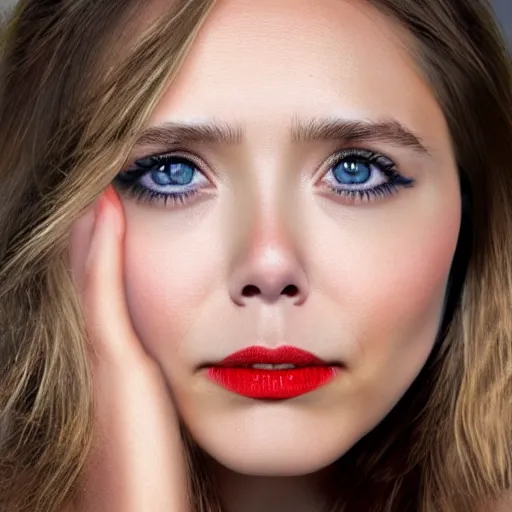 Image similar to Elizabeth Olsen, frowning eyebrows, saying 'No', photorealistic, 4k, 8k