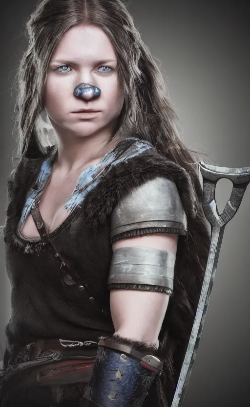 Image similar to photorealistic portrait of female viking warrior with black hair and bloody nose, blue eyes, porcelain skin, shoulders, determined