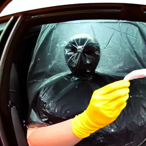 Image similar to gopro photograph of garbage bag with human face oozing goop inside car, holding cheeseburger