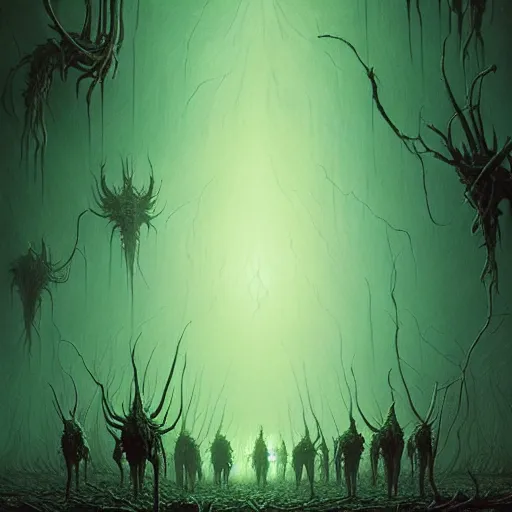 Image similar to rotting alien army, by dan mumford and zdzisław beksinski, fine details, digital art, volumetric lighting, cinematic light, photorealistic, 4 k,